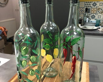 Hand painted oil bottle chilli, olive or lemon - wine bottle size - Great birthday, engagement, house warming or wedding gift