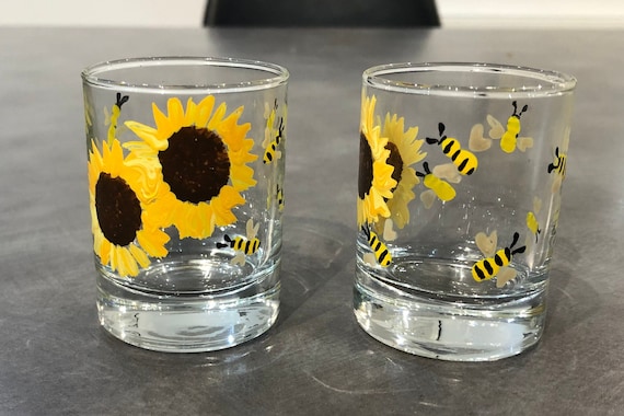 Hand Painted Sunflower and Bee Shot Glasses - Set of 2