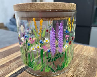 storage jar hand painted in wildflower design. Push on wooden lid.  Wedding wish jar, anniversary, birthday, Christmas gift.