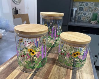 Hand Painted Sunflower Meadow Storage Jar, Wooden Lid, Wish Jar 3 sizes