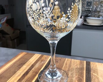 Gin glass hand painted - BoHo/rustic  flowers. can be personalised.  Wedding, birthday, anniversary, easter gift