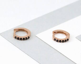 Tiny rose gold hoop earrings - delicate rose gold huggies - pave hoop earrings - black cz earrings - small hoop earrings - everyday earrings
