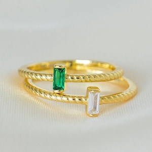 Gold baguette ring, dainty gold cz ring, thin band ring, green emerald ring, gold engagement ring, dainty jewelry, tiny gold ring, cz ring