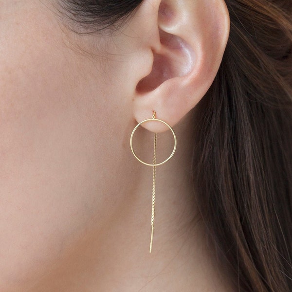 Circle threader earrings, thin threader earrings, long chain earrings, minimal threaders, dangle earrings, ear threaders, gold threaders