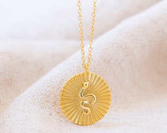 Snake necklace, medallion necklace, pendant necklace, gold coin necklace, layering necklace, stacking necklace, dainty gold necklace