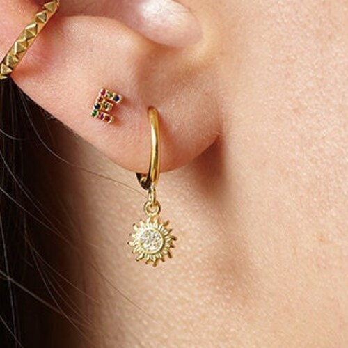 Sun hoop earrings, dainty hoops, dangle hoops, charm hoops, delicate gold hoops, sun earrings, minimal earrings, dainty earrings, thin hoops