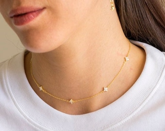 Dainty charm choker, gold cz choker, gold minimalist necklace, bride necklace, bridal necklace, gold flower choker, gold star choker