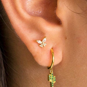 Butterfly piercing, gold butterfly stud earrings, gold cz butterfly earrings, tiny cz butterfly piercings, gold dainty butterfly earrings