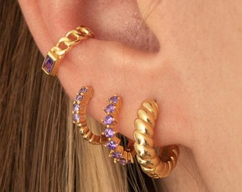 Dainty hoops, minimal gold hoops, huggie hoops, stacking earrings, tiny hoops, delicate hoops, gold cz hoops, lilac hoops, purple hoops