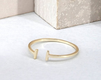 Minimalistische open ring, gouden staafring, open staafring, T-ring, gouden staafring, sierlijke ring, minimalistische juwelen, dunne gouden ring, stapelring