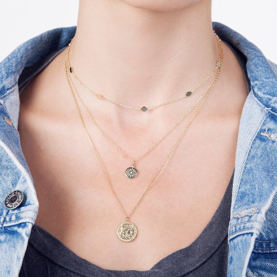 Gold medallion layered necklace clearance