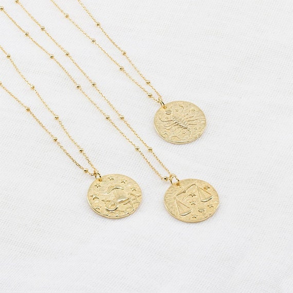 Star Sign Necklace, Zodiac Necklace, Gold Medallion Necklace, Libra Necklace, Gold Horoscope Necklace, Minimalist Jewelry, Zodiac Pendant