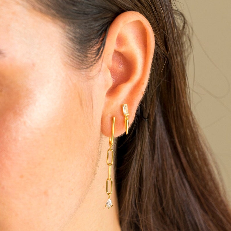 Spike charm earrings, minimalist cone stud earrings, dainty cz studs, gold charm stud earrings, baguette cz earrings, tiny gold studs image 2