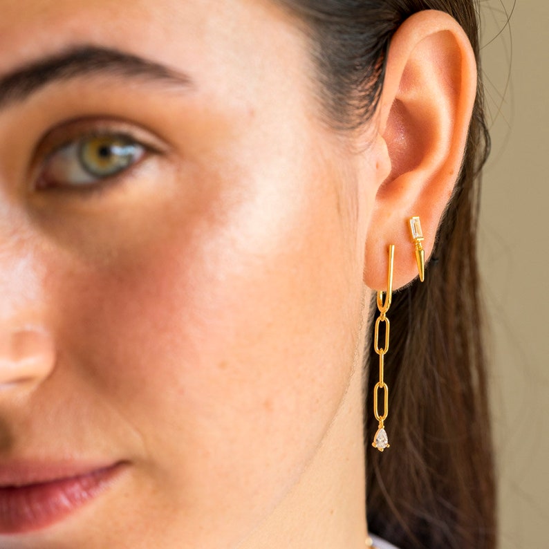 Spike charm earrings, minimalist cone stud earrings, dainty cz studs, gold charm stud earrings, baguette cz earrings, tiny gold studs image 7