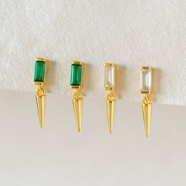 Spike charm earrings, minimalist cone stud earrings, dainty cz studs, gold charm stud earrings, baguette cz earrings, tiny gold studs image 1