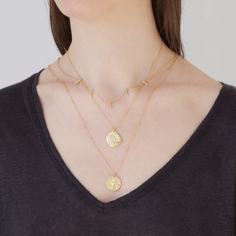 Medallion necklace, minimal disc necklace, gold coin necklace, boho necklace, charm necklace, mayan necklace, gift ideas, girlfriend gift image 3