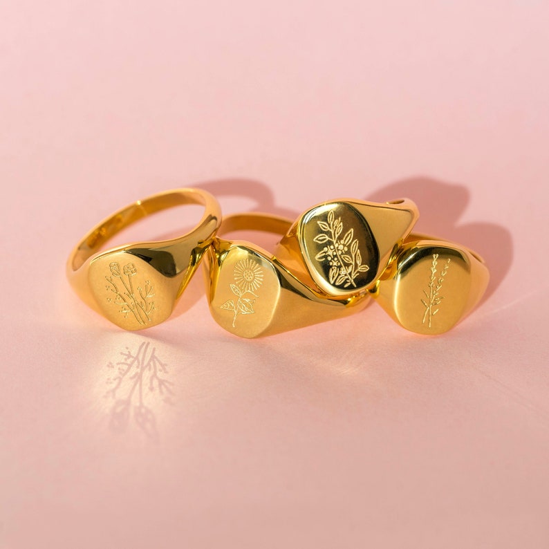 Signet Ring, engraved signet ring, statement ring, vintage ring, engraved flower ring, gold signet ring, simple ring, engraved ring image 1