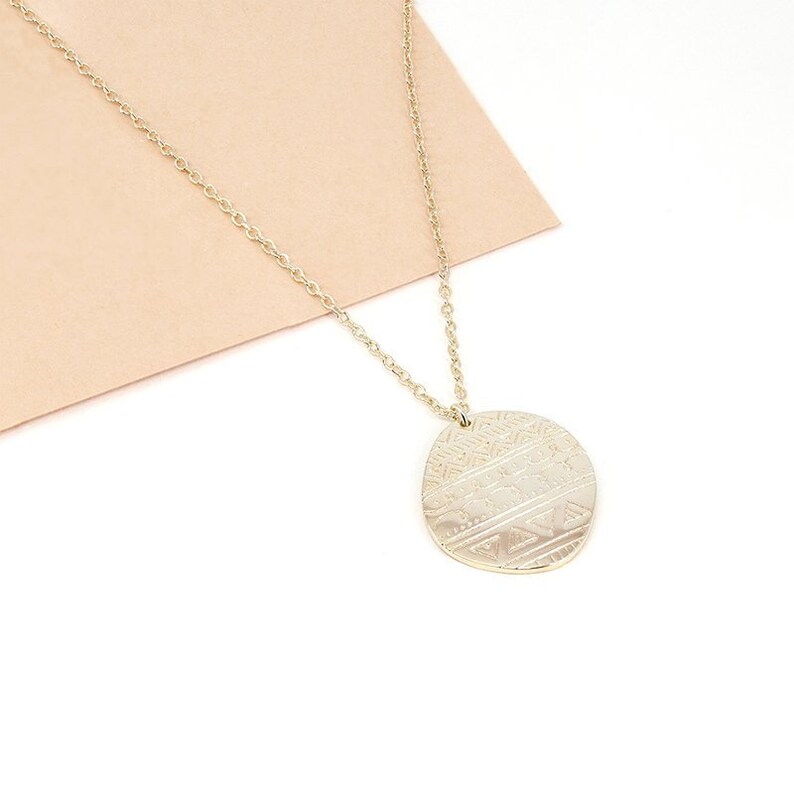 Medallion necklace, minimal disc necklace, gold coin necklace, boho necklace, charm necklace, mayan necklace, gift ideas, girlfriend gift image 2