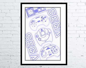 Retro Gaming Classic Sega Controllers Blueprint Computer Poster Digital Art Poster / Print