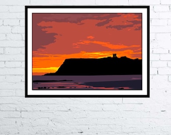 Stampa artistica moderna colorata di Scarborough Castle Headland Sunrise - North Yorkshire, Inghilterra - stampa artistica digitale