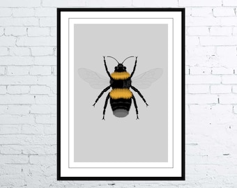 Photorealistic Drawing Bumble Bee Digital Art Poster / Nature Print