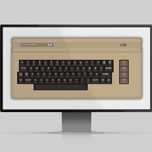 Può includere: Un computer Commodore 64 beige con una tastiera nera e tasti funzione. Il computer ha un logo arcobaleno e il testo "commodore" e "64" sul davanti.