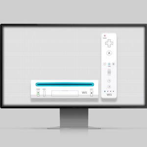 May include: A white Wii console, remote, and sensor bar are displayed on a computer monitor. The console has a blue light bar and the word "Wii" printed on it. The remote has buttons and the word "Wii" printed on it.
