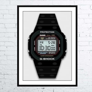 Photorealistic drawing Casio DW 5000c G-shock Wristwatch circa 1983 Pop Art Retro Poster Digital Art Poster / Print Nostalgic Eighties