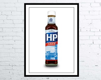 Photorealistic drawing HP Brown Sauce Bottle Poster Digital Art Poster / Print Nostalgic Living Room