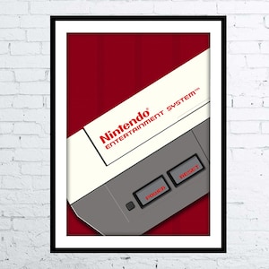 May include: A red and white Nintendo Entertainment System poster with the words "Nintendo Entertainment System" in red. The poster features a close-up of the NES console with the power and reset buttons visible.