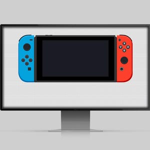 Könnte beinhalten: Digitale Illustration einer Videospielkonsole mit schwarzem Bildschirm und abnehmbaren Controllern. Die Controller sind leuchtend blau und rot, mit verschiedenen Tasten und Joysticks. Die Konsole wird auf einem Computermonitor angezeigt.