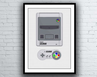 SNES Poster Computer Poster Super Nintendo Entertainment System and Gamepad Digital Art Poster / Print