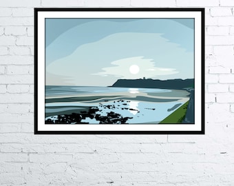 Stampa d'arte moderna colorata Scarborough Castle Headland Sunrise - North Yorkshire, Inghilterra - stampa d'arte digitale