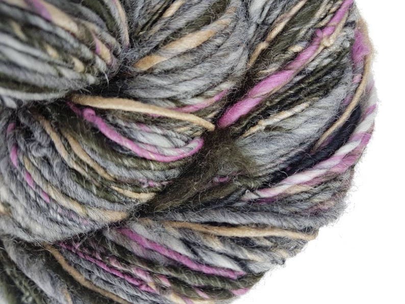 Handspun grey art yarn / 110g single ply / luxury knitting / crochet / pale grey / honey / raspberry pink / black / merino / silk image 3