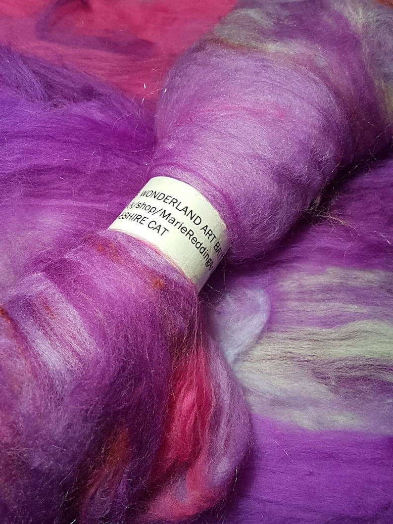 The Cheshire Cat 50g Merino Silk Purple Cerise Pink Hyacinth Thistle Mauve Spinning Felting Wonderland Art Batt 9