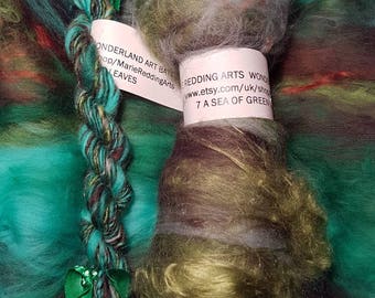 Wonderland Art Batt / 7. A Sea Of Green Leaves / 50g / Green / Emerald / Copper / Brown / Silk / Verdigris / Merino / Spinning / Felting