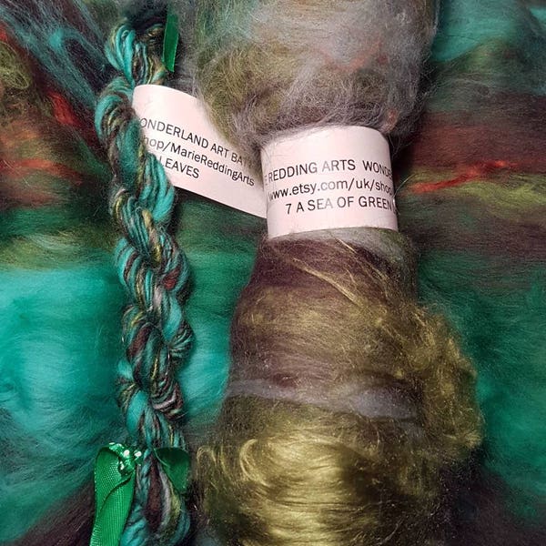 Wonderland Art Batt / 7. A Sea Of Green Leaves / 50g / Green / Emerald / Copper / Brown / Silk / Verdigris / Merino / Spinning / Felting