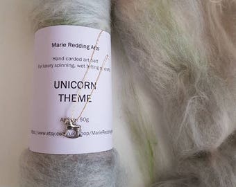 white art batt 50g LEGEND UNICORN theme soft luxury spinning felting merino silk movie theme pearl cream moss green soft grey silver