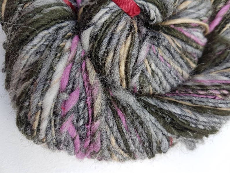 Handspun grey art yarn / 110g single ply / luxury knitting / crochet / pale grey / honey / raspberry pink / black / merino / silk image 5