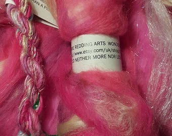 Wonderland Art Batt / 10. A Pig / 50g / Merino / Silk / Pink / Cerise / Cream / Hot Pink / Fuchsia / Vibrant Pink / Spinning / Felting