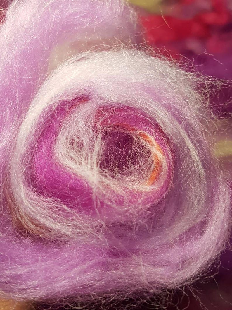 The Cheshire Cat 50g Merino Silk Purple Cerise Pink Hyacinth Thistle Mauve Spinning Felting Wonderland Art Batt 9
