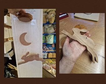 Maan en haas DIY Mobile Kit / Moongazing Hare Gift / Massief hout / Handgemaakt / Hangende springende haas en maan / PLASTIC-GRATIS verpakking