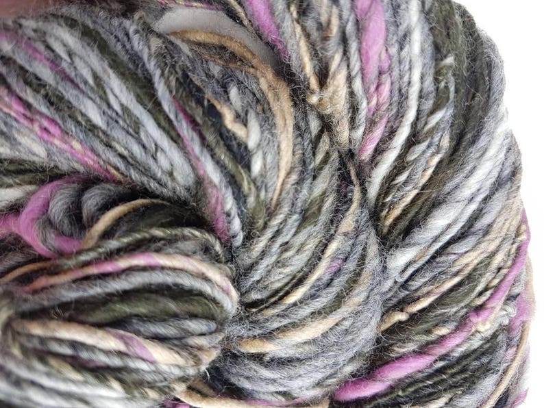 Handspun grey art yarn / 110g single ply / luxury knitting / crochet / pale grey / honey / raspberry pink / black / merino / silk image 4