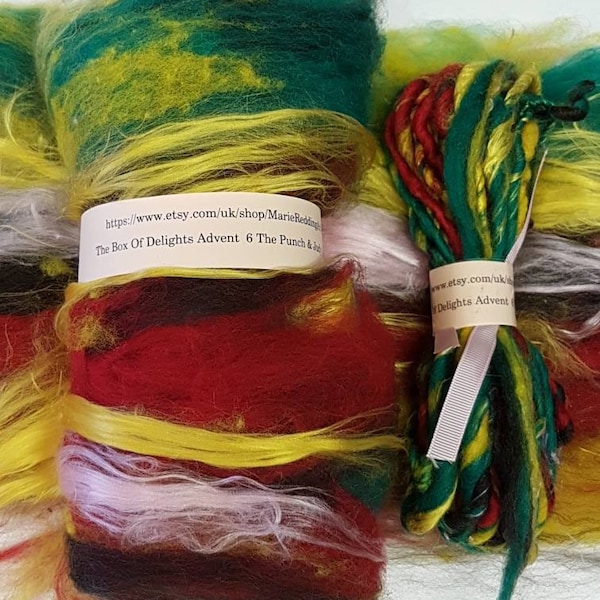 Handcarded Red Batt / Box Of Delights / 6 The Punch And Judy Man / Yellow / Green / Pink / Poppy / 50g / Spinning Fiber / Felting Fibre