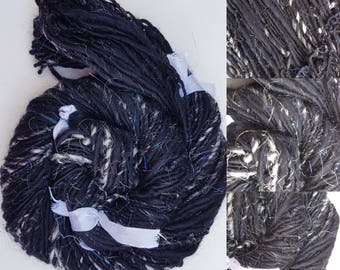 Handspun Blue Merino Art Yarn: Silver Sparkle, Luxury Single Ply (50g)