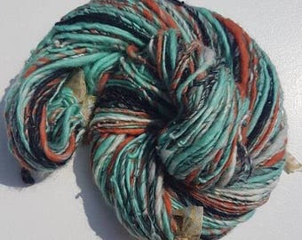 Handspun mint green art yarn 75 yards soft 50g singles luxury knitting crochet pale green orange sea green cream merino silk black white