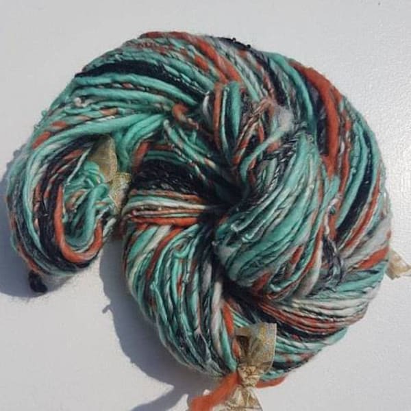 Handspun mint green art yarn 150 yards soft 110g singles luxury knitting crochet pale green orange sea green cream merino silk black white