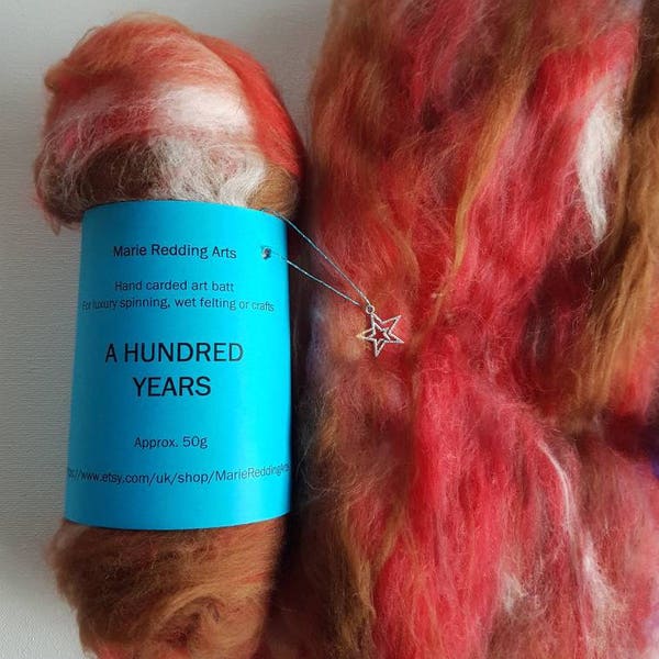 brown Art batt 50g sleeping beauty a hundred years spinning felting themed brown red orange poppy caramel white purple pink silk merino