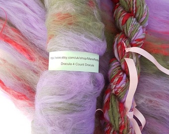 Dracula Handcarded Batt / 4 Count Dracula / Red / Scarlet / Blood / Green / Purple / 50g / Merino / Silk / Spinning Fibre / Felting Fiber