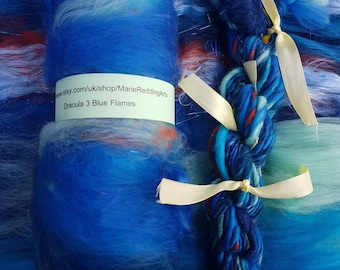 Dracula Cobalt Art Batt / 3 Blue Flames / Burnt Orange / Sky Blue / Mint / Yellow / Water / Fire / 50g / Spinning Fibre / Felting Fiber Batt